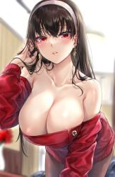 1girls absurd_res barely_contained black_hair blush breasts cleavage earrings female female_human female_only hair_down hairband hi_res huge_breasts human indoors large_breasts leaning_forward light-skinned_female long_hair looking_at_viewer mature_female pale-skinned_female pantyhose red_clothing red_eyes rei_kun spy_x_family thighs variant variant_set wardrobe_malfunction wide_hips yor_briar yor_forger