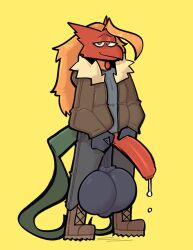 1boy 2022 anthro balls balls_under_clothes blaziken blue_eyes boots clothed clothing coat dogfluid erection fur_collar furry game_freak half-closed_eyes huge_cock hyper hyper_balls jacket long_hair looking_at_viewer male male_only mostly_clothed nintendo orange_hair oversized_balls penis penis_out pokemon pokemon_(species) red_body red_skin solo standing