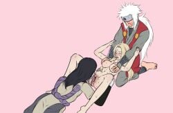 1girls 2boys black_hair blonde_hair breast_grab breasts clothed_male_nude_female cunnilingus heidibiersack jiraiya long_hair long_hair_male long_tongue naruto naruto_(series) oral_sex orochimaru pussy threesome tsunade white_hair