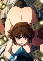 1girls ass big_breasts bike brown_hair casual female female_only human johanna_(persona) kinkymation looking_at_viewer makoto_niijima money motorcycle nude nude_female nudist pale_skin persona persona_(species) persona_5 red_eyes short_hair vehicle