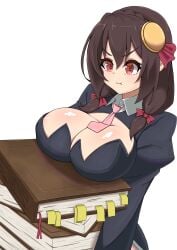 1girls big_breasts book breasts brown_hair clothed female kono_subarashii_sekai_ni_shukufuku_wo! red_eyes solo tagme toukaaa upper_body white_background yunyun_(konosuba)