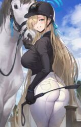 ass asuna_(blue_archive) back_view big_ass big_breasts big_butt black_shirt blonde_hair blue_archive blush blushing breasts horse horse_girl horse_rider horse_riding_cap huge_ass huge_breasts huge_butt jeans large_ass large_breasts lxkate tight_clothing white_horse white_jeans white_pants