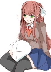 1girls anon anonymous artist_name blush blush_lines bow brown_hair clothed clothes clothing coat doki_doki_literature_club foreplay fully_clothed green_eyes hair hair_ribbon happy head_between_thighs heart legs_around_head long_hair medium_breasts monika_(doki_doki_literature_club) ribbon school_uniform skirt squeezing thick_thighs thighhighs thighs watermark white_ribbon yuxine