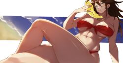 abs beach bikini bikini_bottom bikini_top breasts brown_hair danganronpa danganronpa_2:_goodbye_despair danganronpa_s:_ultimate_summer_camp female_only green_eyes large_breasts long_hair melon nipple_bulge owari_akane sky straight_hair sunset super_danganronpa_2 tanned tanned_female tanned_skin thighs white_background yasutomo!_(akuasky)