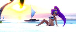 1girls beach big_breasts bikini blue_eyes female female_only laying_down purple_hair shantae shantae_(character) shocking_(artist) smiling_at_viewer smooth_skin solo sunset