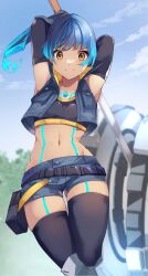 1girls action_pose armpits attacking_viewer bare_midriff bare_stomach belt blue_gemstone blue_hair body_markings collarbone crop_top gem gemstone hammer jacket navel navel_line risumi_(taka-fallcherryblossom) sena_(xenoblade) short_shorts shorts sleeves small_breasts smaller_female smiling smiling_at_viewer sports_bra tanned_skin thick_thighs thighhighs thighs toned toned_arms toned_female toned_legs toned_stomach wide_hips wide_thighs xenoblade_(series) xenoblade_chronicles_3 yellow_eyes