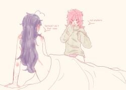 2girls bandage bandaged_arm bare_arms bare_back bare_shoulders blanket blush blush_lines blushing_profusely closed_eyes doki_doki_literature_club ear_blush female female_only flirting in_bed long_hair lying_on_bed lying_on_side medium_hair messy_hair multiple_girls naked naked_female natsuki_(doki_doki_literature_club) no_pants open_mouth open_smile petite petite_body pink_hair pockiseisont purple_hair sheets shoulder_blush slim slim_waist smile striped_panties sweater tagme wearing_partner's_clothes wide_hips yuri yuri_(doki_doki_literature_club)