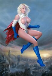 1girls blonde_hair breasts dc lorenzo_sperlonga outdoors power_girl solo torn_costume