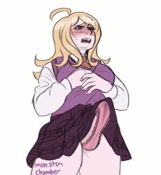 1futa ahoge akamatsu_kaede alternate_version_available balls below_view blonde_hair blush breasts bulge clothed clothing danganronpa danganronpa_v3 embarrassed erection erection_in_panties erection_under_clothes erection_under_skirt fully_clothed futa_only futanari human light-skinned_futanari light_skin long_hair monsterchamber penis penis_in_panties penis_under_clothes penis_under_skirt school_uniform schoolgirl skirt skirt_lift solo standing straight_hair tenting