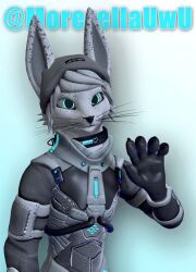 anthro beanie blue_eyes canid canine clothing cyberpunk furry furry_only male male_anthro male_focus male_only male_solo morezella rexouium solo_male vr_media vrchat vrchat_avatar waving waving_at_viewer