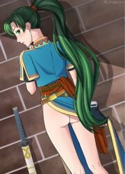 1girls ass bare_legs earrings female female_only fingerless_gloves fire_emblem fire_emblem:_the_blazing_blade gloves green_eyes green_hair hand_on_own_chin legs lifted_by_self long_hair looking_at_viewer looking_back lyn_(fire_emblem) nalu_(artist) nintendo pelvic_curtain pelvic_curtain_lift ponytail skirt_lift solo sword thinking upskirt very_long_hair weapon