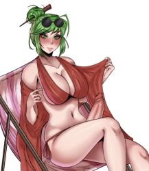 1futa belly belly_button big_breasts big_penis bikini_bottom blush blushing breasts character_request clothed clothing dokima erection exposed_shoulders futa_only futanari green_hair huge_breasts huge_cock human large_breasts large_penis legs light-skinned_futanari light_skin mostly_nude penis shoulders sitting solo sunbathing sunglasses sunglasses_on_head swimsuit swimwear thick thick_legs thick_thighs thighs tummy