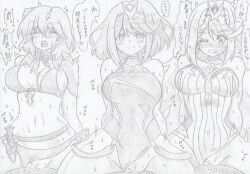 3girls alternate_costume bansyo31 bikini byleth_(fire_emblem) byleth_(fire_emblem)_(female) cowgirl_position crossover cum cum_in_pussy cum_inside ejaculation female fire_emblem fire_emblem:_three_houses fire_emblem_heroes group group_sex multiple_girls mythra nintendo official_alternate_costume pyra sex super_smash_bros. super_smash_bros._ultimate sweat sweatdrop sweating swimsuit traditional_media_(artwork) vaginal_penetration xenoblade_(series) xenoblade_chronicles_2