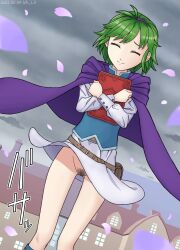 1girls ass_visible_through_thighs book closed_eyes female female_only female_pubic_hair fire_emblem fire_emblem:_the_blazing_blade green_hair hairband japanese_text nalu_(artist) nino_(fire_emblem) nintendo outdoors petals pubic_hair short_hair skirt skirt_lift smile solo sound_effects text town upskirt wind_lift