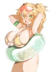 armpits arms_up bikini blonde_hair breasts cleavage female goggles goggles_on_head green_eyes hair_between_eyes highres huge_breasts innertube kz_oji long_hair looking_at_viewer open_mouth original simple_background skindentation solo standing string_bikini striped striped_bikini swimsuit thighs transparent white_background yellow_bikini