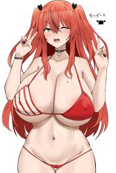 1girls 2022 beauty_mark belly_button_piercing bikini breasts choker cleavage double_peace_sign double_v female female_only hi_res hips hotate-chan huge_breasts long_hair mole_on_breast mole_under_eye original original_character peace_sign red_bikini red_hair silver_eyes slim_waist smile thick_thighs thighs twintails wide_hips wink