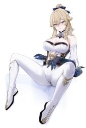 big_breasts blonde_hair blush blushing breasts cameltoe cross_earrings curvy curvy_female curvy_figure earrings exposed_shoulders fully_clothed genshin_impact horny jean_gunnhildr knight large_breasts legs_apart legs_spread self_fondle shoulders spread_legs tagme thick tight_clothes tight_clothing tight_fit tight_pants touching_pussy white_clothing white_legwear yamiiv