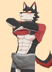 absurd_res anthro baicha blush bodily_fluids boxer_briefs bulge clothing genital_fluids hi_res male male_focus male_only male_solo muscular precum solo solo_male sweat underwear