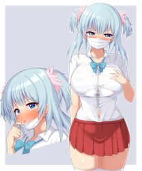 big_breasts blue_hair blush blush bowtie breasts comingbb curvaceous curves curvy curvy_body curvy_female curvy_figure face_mask hips huge_breasts large_breasts light_blue_hair mask school_uniform schoolgirl skirt tagme tagme_(artist) tagme_(character) thick thick_thighs thigh_highs thighhighs thighs tight_clothing