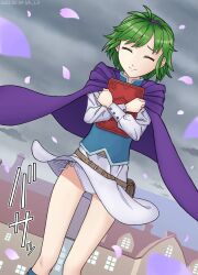 1girls ass_visible_through_thighs book closed_eyes female female_only fire_emblem fire_emblem:_the_blazing_blade green_hair hairband japanese_text nalu_(artist) nino_(fire_emblem) nintendo outdoors panties petals short_hair side-tie_panties skirt skirt_lift smile solo sound_effects text town underwear upskirt white_panties wind_lift