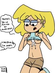 1girls areolae big_breasts blonde_hair cum cum_on_breasts cum_on_chest cum_on_clothes cum_on_shirt dialogue english english_text female female_only lori_loud offscreen_character on_knees short_shorts solo speech_bubble the_and the_loud_house underboob