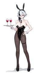 1girls alcohol arlecchino_(genshin_impact) belly_button belly_button_visible_through_clothing big_breasts black_hair_streak black_striped_hair blush blushing breasts bunny_costume bunny_ears bunnysuit drinks fatui female female_only fully_clothed genshin_impact goth goth_girl gothic heels high_heels huge_breasts legs playboy_bunny playboy_outfit red_eyes serving_beverage serving_drink serving_tray solo symbol-shaped_pupils thick thick_legs tray waitress white_background white_hair wine wine_glass yamiiv