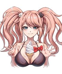 2022 bikini bikini_top blonde_hair blue_eyes bow bow_tie bowtie breasts cleavage danganronpa danganronpa:_trigger_happy_havoc danganronpa_1 danganronpa_s:_ultimate_summer_camp fake_nails female_only glint hair_ribbon ice_cream junko_enoshima large_breasts monokuma nail_polish nailpolish nails petra_(artist) ponytails red_nails straight_hair strawberry_blonde_hair white_background