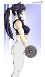 black_hair blake_belladonna cat_ears dumbbell erect_nipples female leggings muscular muscular_female pentalphi11ip pokies rwby sports_bra workout workout_clothes