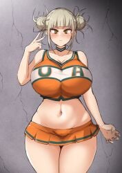 1girls big_breasts blonde_hair blush breasts cheerleader cheerleader_uniform choker double_bun eye_contact female himiko_toga huge_breasts looking_at_viewer miniskirt my_hero_academia standing thick_thighs thighs u.a._cheerleader_outfit voluptuous wide_hips yamaori yellow_eyes