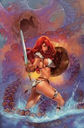 bikini_armor blue_eyes combat comic_cover giant_monster kraken metal_bikini pin-up red_hair red_sonja red_sonja_(comics) sea_monster sfw shield skimpy_costume sword tentacle