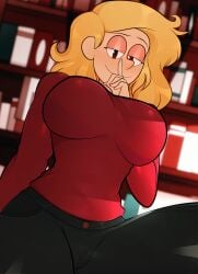 1girls arkeus big_breasts blonde_hair breasts busty clothed clothed_female female female_only large_breasts long_hair pants red_sweater shushing solo solo_female suzanne_(thehoeartist) suzy_(the_hoe_artiste) sweater thehoeartist thick_thighs thighs voluptuous