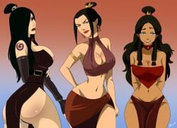 2d 3girls ass avatar_the_last_airbender azula big_ass big_breasts black_hair blue_eyes blush breasts brown_eyes cleavage clothing dark-skinned_female dress eyeshadow female female_only fire_nation_clothing ghostlessm june_(avatar) katara large_breasts light-skinned_female lipstick long_hair nickelodeon red_lipstick skirt straight_hair tattoo thick_thighs wide_hips