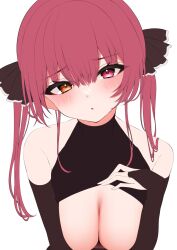 big_breasts blush blushing breasts different_eye_color exposed_shoulders heterochromia hololive houshou_marine large_breasts namagome_negi pirate red_eyes red_hair revealing_breasts revealing_clothes shoulders tied_hair virtual_youtuber vtuber yellow_eyes