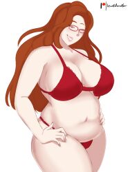 1girls big_breasts blue_eyes bra breasts brown_hair character_request chubby chubby_female copyright_request female female_only glasses huge_breasts lewddoodler looking_at_viewer panties slightly_chubby smile solo thick_thighs wide_hips