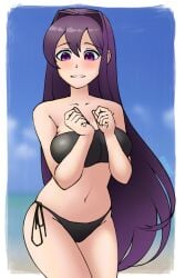 beach breast_squish doki_doki_literature_club long_hair purple_eyes purple_hair sky swimsuit triplestabber yuri_(doki_doki_literature_club)