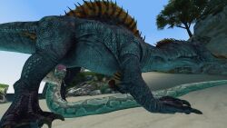 ambiguous_gender ark_survival_evolved deepthroat dinosaur fellatio feral feral_on_feral larger_male rabidus snake source_filmmaker spinosaurus titanaboa