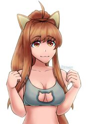 bra brown_eyes brown_hair cat_bra cat_ears cleavage doki_doki_literature_club gray_bra monika_(doki_doki_literature_club) neko ponytail triplestabber