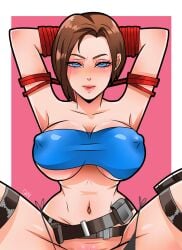 1girls 2d arms_behind_head big_breasts black_panties black_thong black_underwear blue_eyes blush bondage bound breasts brown_hair capcom cleavage erect_nipples female female_only ghostlessm jill_valentine jill_valentine_(julia_voth) light-skinned_female looking_at_viewer navel panties panties_pulled_down pokies red_rope resident_evil restrained thong thong_panties thong_pulled_down thong_underwear tied tied_up tubetop underboob underwear