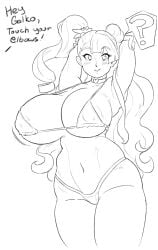 1girls bikini dialogue english_text galko gibberish_(artist) line_art long_hair oshiete!_galko-chan sketch text voluptuous