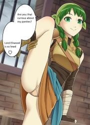 1girls ai_translated ass_visible_through_thighs asymmetrical_gloves bandana bare_legs bars beige_panties boots braid brown_panties english_text female female_only fingerless_gloves fire_emblem fire_emblem:_the_blazing_blade gloves green_eyes green_hair hard_translated inviting inviting_to_sex leg_grab leg_up legs looking_at_viewer nalu_(artist) nintendo offscreen_character offscreen_male panties rebecca_(fire_emblem) short_hair skirt_lift smile solo spread_legs text translated twin_braids twintails underwear upskirt window