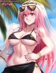 beach bikini bikini_top hocen hololive hololive_english hololive_myth mori_calliope navel pink_eyes pink_hair towel virtual_youtuber