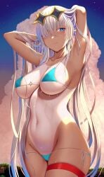 anastasia_(fate) arm_up armpit armpits arms_up beach belly belly_button big_breasts bikini bikini_bottom bikini_top blush breasts curvaceous curves curvy curvy_body curvy_female curvy_figure fate/grand_order fate_(series) hair_ornament huge_breasts large_breasts long_hair revealing_swimsuit smile swimsuit swimwear tan tanline tanned tanned_skin thick thick_thighs tiny_bikini tummy wet wet_body white_hair zukky