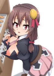 1girls areola_slip big_breasts blurry_background breasts brown_hair down_blouse female kono_subarashii_sekai_ni_shukufuku_wo! looking_at_viewer medium_hair nipples no_bra smile solo tagme toukaaa unaware wardrobe_malfunction yunyun_(konosuba)