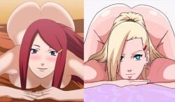 2girls adult age_difference arm_rest ass ass_up bent_over blonde_hair blue_eyes blush cmiv07 completely_nude facing_viewer female female_only front_view ino_yamanaka jpeg_artifacts looking_at_viewer multiple_girls naked naruto naruto_(series) naruto_shippuden older_female purple_eyes red_hair smile take_your_pick teenager top-down_bottom-up uzumaki_kushina younger_female