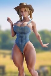 1girls 3d 3d_(artwork) athletic athletic_female background batesz big_breasts blonde_female blonde_hair cleavage cowboy_hat dead_or_alive farmer farmgirl female female_focus female_only hat looking_at_viewer naked_overalls no_bra no_panties no_underwear overalls solo thick_thighs tina_armstrong twintails voluptuous