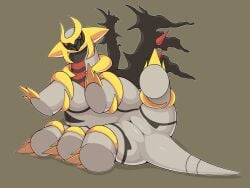 absurd_res altered_forme_giratina female feral genitals giratina hi_res legendary_pokémon looking_at_viewer nintendo pokémon_(species) pokemon pussy red_eyes simple_background solo video_games wings zeamaeri