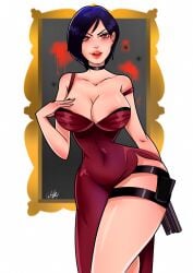 1girls 2d ada_wong ada_wong_(caroline_ribeiro) areola_slip blush breasts capcom choker cleavage female female_only ghostlessm large_breasts light-skinned_female resident_evil resident_evil_4 solo thick_thighs wide_hips