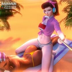 2girls 3d ass beach big_ass big_breasts bikini_bottom blizzard_entertainment breasts brown_hair d.va dark-skinned_female dark_skin dat_ass earrings female female_only hoop_earrings kachigachi latina overwatch patreon_username purple_hair selfie selfie_stick sombra thick_thighs thong twitter_username waveracer_d.va