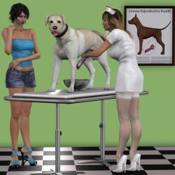 1animal 2girls 3d bowl brodymax canine_penis checkered_floor clothed domestic_dog erection hand_on_penis high_heels large_penis nurse nurse_cap poster puckered_lips short_shorts standing thighhighs topwear veterinarian zoophilia