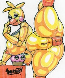 animatronic anthro anus areola avian ball_joints beak bib big_breasts bird blue_eyes breasts brown_eyes chicken clitoris cupcake_(fnaf) doll_joints eyelashes eyeshadow female five_nights_at_freddy's five_nights_at_freddy's_2 galliform gallus_(genus) genitals head_feathers head_tuft hi_res huge_breasts looking_at_viewer machine makeup nipples on_one_leg orange_anus orange_areola orange_beak orange_nipples parasitedeath phasianid plump_labia purple_eyeshadow pussy raised_leg robot rosy_cheeks scottgames simple_background smile solo spread_legs spreading standing thick_thighs toy_chica traditional_media_(artwork) tuft video_games white_background wide_hips yellow_body